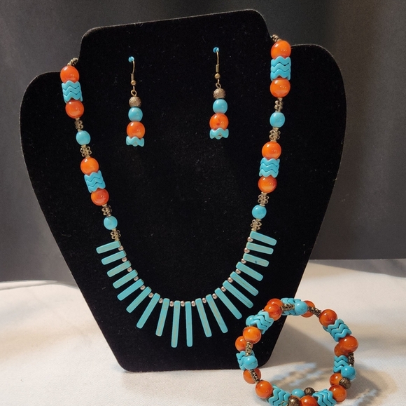 Turquoise and Orange Beaded Jewelry Set 3 Pieces Necklace Wrap Bracelet Earrings - Picture 1 of 8
